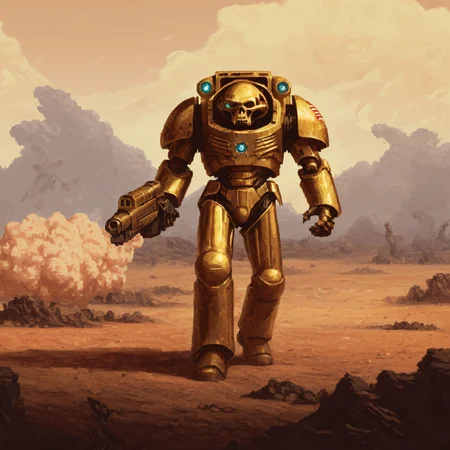 a polished gold trmntr with no helmet holding an assault cannon walks across an alien battlefield searching for enemies, rockets streak across the sky and explode into the landscape, apxlz