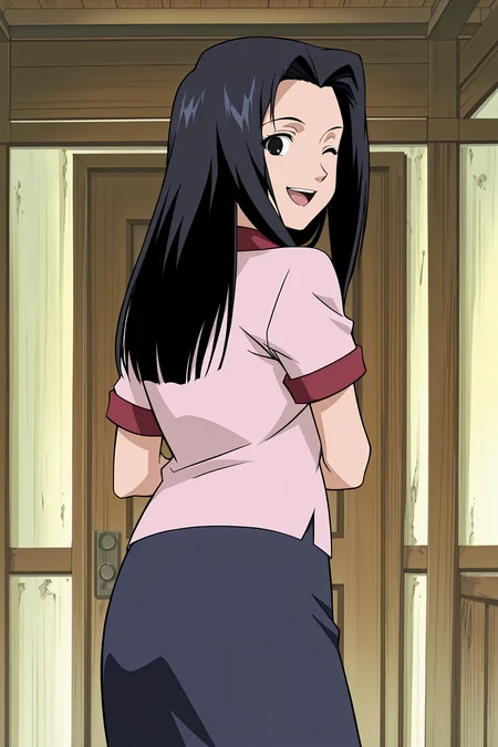 anime screencap, anime coloring, detailed face, masterpiece, best quality, very aesthetic, absurdres, volumetric lighting, official style, amazing quality, ultra detailed, highres, amazing quality, scenery, beautiful detailed hair, beautiful detailed eyes,
<lora:StS-Illustrious-Detail-Slider-v1.0:4>
<lora:Tsunami_Naruto:1>
indoors,
Tsunami (character), 1girl, solo, skirt, smile, long hair, black eyes, standing, shirt, black hair, short sleeves, cowboy shot
from behind, looking back at the viewer, one eye closed, wink, sexy smile, open mouth