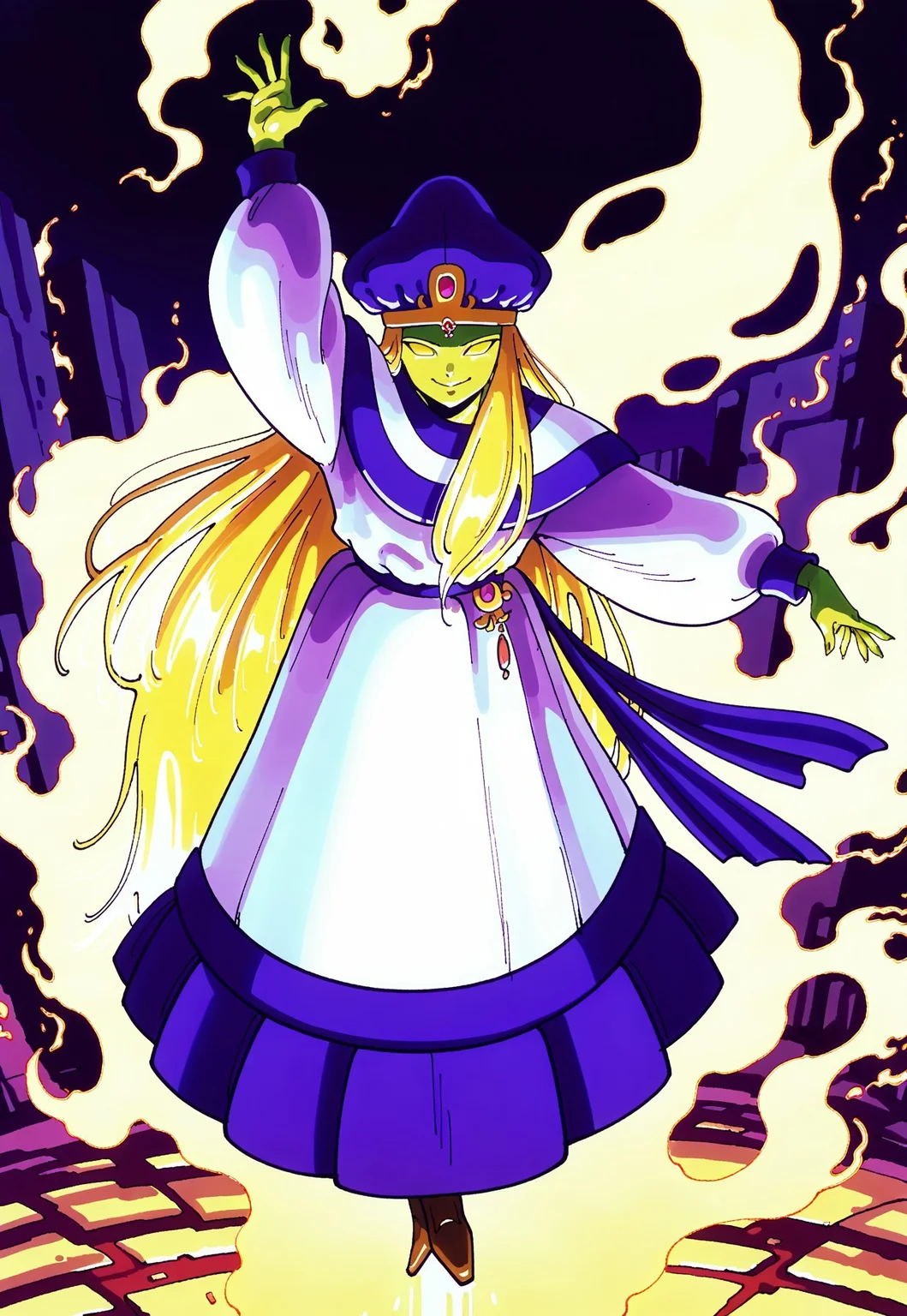 masterpiece, best quality, amazing quality, very aesthetic, absurdres, newest, creatorilxlffl1, 1boy, male focus, blue turban, very long hair, blonde hair, green skin, yellow eyes, no pupils, white robes, blue sash, brown shoes, looking at viewer, action pose, full body, dutch angle, floating, levitating, raised arms, energy, smile, laugh, mature male