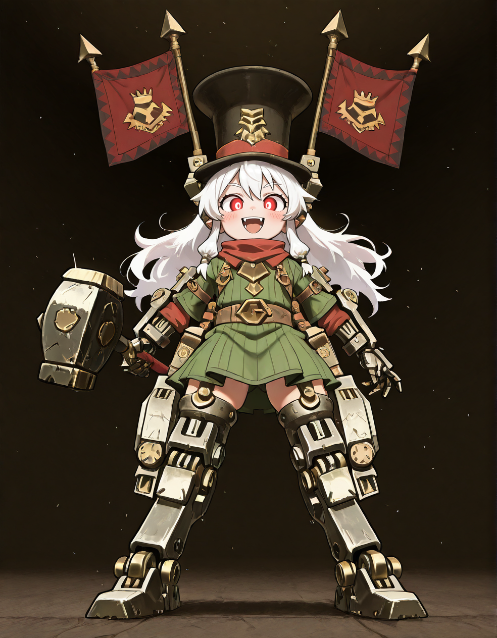 (2D,masterpiece,best quality,amazing quality,very aesthetic,high resolution,looking at viewer,ultra-detailed,,solo,source_anime,cute,curvy,lovely,Simple black background), Astragoth Ironhand,top hat,flag,(holding Hammer:1.2),Iron hand,clothes,ride mecha,white hair,Shortstack,glowing red eyes, open smile,fangs,blush,mechanical leg,<lora:Astragoth_Ironhand:1>, <lora:ValbunStyle-IL:0.6>