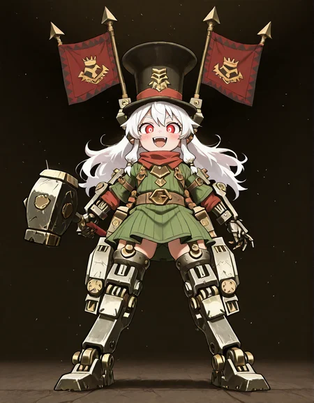 (2D,masterpiece,best quality,amazing quality,very aesthetic,high resolution,looking at viewer,ultra-detailed,,solo,source_anime,cute,curvy,lovely,Simple black background), Astragoth Ironhand,top hat,flag,(holding Hammer:1.2),Iron hand,clothes,ride mecha,white hair,Shortstack,glowing red eyes, open smile,fangs,blush,mechanical leg,<lora:Astragoth_Ironhand:1>, <lora:ValbunStyle-IL:0.6>