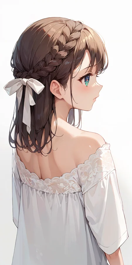 score_9, score_8_up, score_7_up,source_anime, high res image,masterpiece,best quality,girl,cute face,clear skin,shiny hair,ultra detailed eyes,simple background, <lora:half up braid_pony_V1.0:0.8> half up braid,ribbon,from behind ,facing away