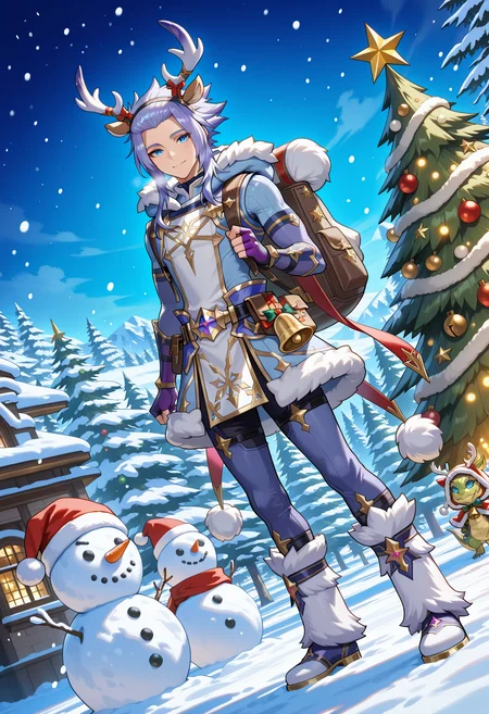 masterpiece,best quality,amazing quality,xainfried,dragonyule xainfried,snowman,1boy,male focus,pine tree,tree,horns,star \(symbol\),santa hat,christmas,snow,hat,christmas tree,fur trim,dragon,blue eyes,gloves,bag,full body,bell,detached sleeves,fur-trimmed hood,fur footwear,fingerless gloves,purple fingerless gloves,backpack,belt,smile,solo,purple hair,fake antlers,reindeer antlers,looking at viewer,sidelocks,official art,gold trim,elbow gloves,pom pom \(clothes\) hood,hood down,<lora:Xainfried_V1-3-000010:0.9>,christmas tree,snowing,dutch angle,standing,