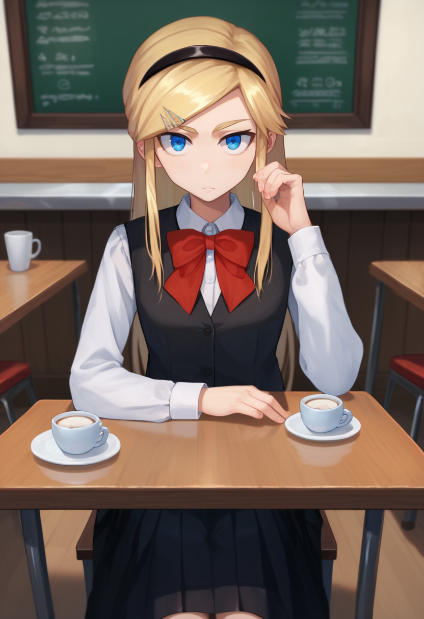 score_9, score_8_up, score_7_up, 1girl,  Kojikira, blonde hair, long hair, blue eyes, hairband, hairpin,  red bowtie, black vest, white shirt, black skirt, cafe, pov, sitting, looking at viewer, table,   <lora:Akira-000008:1>