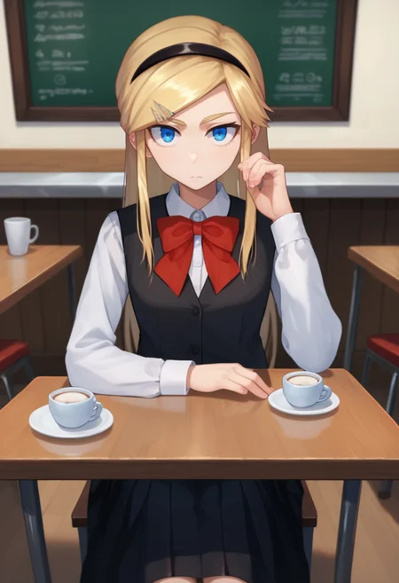 score_9, score_8_up, score_7_up, 1girl,  Kojikira, blonde hair, long hair, blue eyes, hairband, hairpin,  red bowtie, black vest, white shirt, black skirt, cafe, pov, sitting, looking at viewer, table,   <lora:Akira-000008:1>