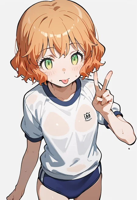 score_9,score_8_up,score_7_up,score_6_up,source_anime,cowboy_shot,transparent_background,white_background,1girl,(v:1.1),<lora:åæ©é½èä¹:0.8>,kurahashi hinano,orange hair,short hair,green eyes,gym_uniform,blue buruma,white shirt,sweat,tongue_out,