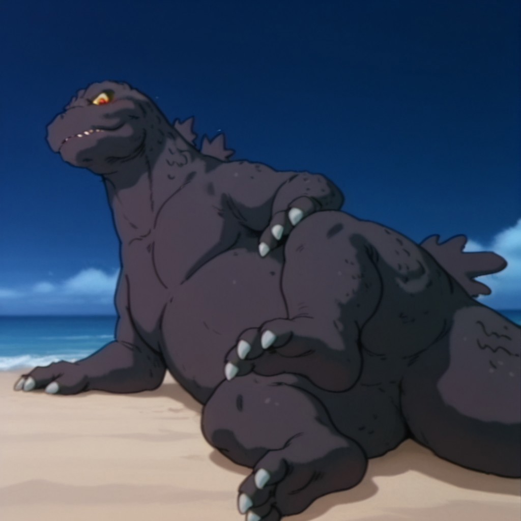 masterpiece, best quality, amazing quality, godzillaDSil, feral, male, godzilla, grey skin, grey back spines, yellow sclera, orange eyes, tail, on side, one leg raised, full body, on beach