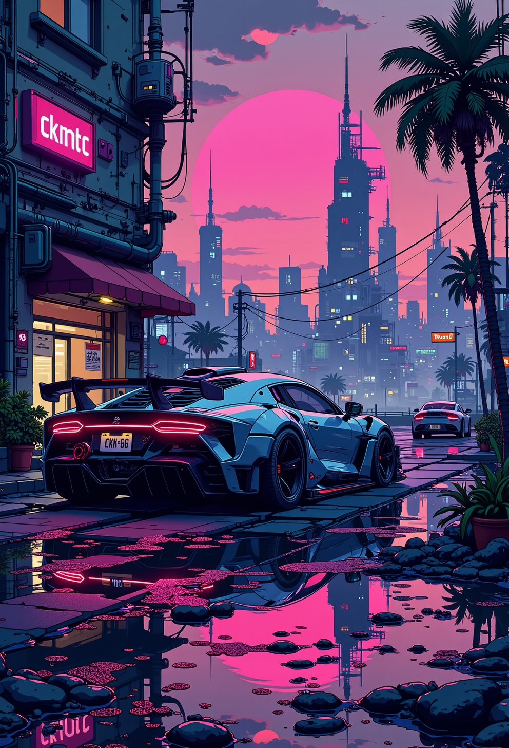 <lora:ck-nc-pastel-cyberpunk:1.0> A digital artwork in the style of cknc, , a futuristic car parked in front of a hotel at sundown. vast cyberpunk city.