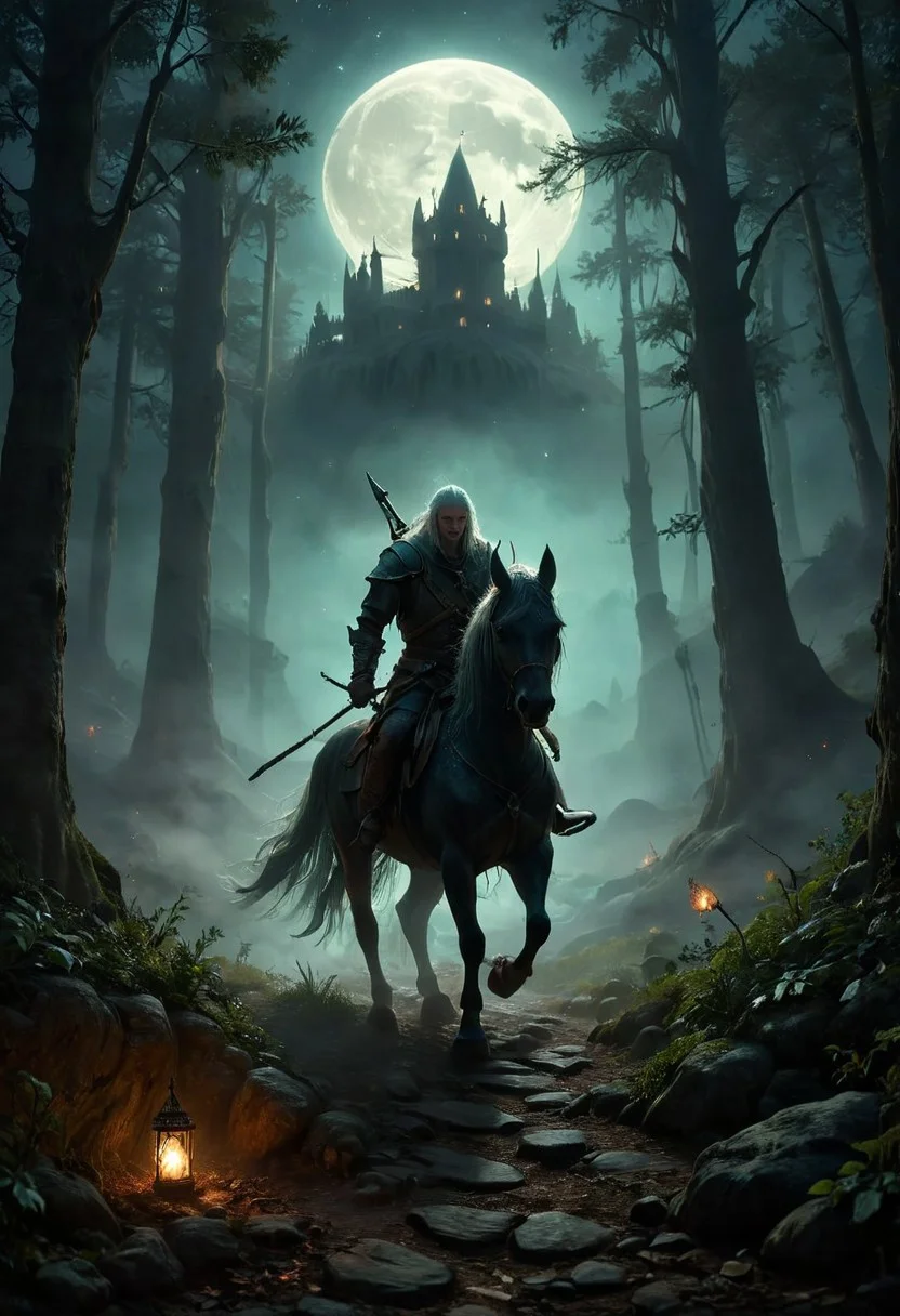 In the tranquil moonlit night, a lone Witcher rides through the ancient forests of the Continent. His silhouette is stark against the silver glow of the full moon, his form outlined by the ethereal light. The dense woods whisper ancient secrets as his horse treads through the mist-covered pathways. His eyes, keen and watchful, scan the shadows for any sign of danger. Behind him, the moon hangs low, casting its soft light over the medieval landscape, illuminating the towering trees and the winding path ahead. The air is thick with magic, and the night holds both mystery and danger in equal measure. vibrant, beautiful, translucent, intricate, detailed, many details, extreme detailed, full of details, Wide range of colors. Dramatic,Dynamic,Cinematic,Sharp details, Insane quality. Insane resolution. Insane details. Masterpiece. 32k resolution.