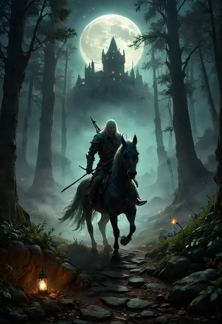 In the tranquil moonlit night, a lone Witcher rides through the ancient forests of the Continent. His silhouette is stark against the silver glow of the full moon, his form outlined by the ethereal light. The dense woods whisper ancient secrets as his horse treads through the mist-covered pathways. His eyes, keen and watchful, scan the shadows for any sign of danger. Behind him, the moon hangs low, casting its soft light over the medieval landscape, illuminating the towering trees and the winding path ahead. The air is thick with magic, and the night holds both mystery and danger in equal measure. vibrant, beautiful, translucent, intricate, detailed, many details, extreme detailed, full of details, Wide range of colors. Dramatic,Dynamic,Cinematic,Sharp details, Insane quality. Insane resolution. Insane details. Masterpiece. 32k resolution.