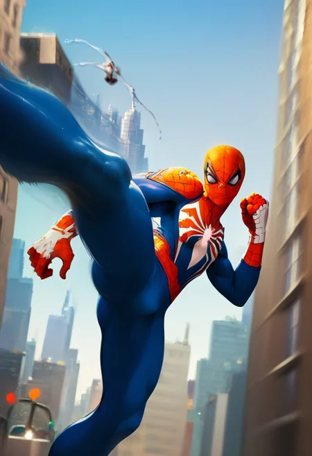 zPDXL2, score_9, score_8_up, score_7_up, 1boy, msm_peter, spider-man, spider-man suit, mask, kicking, kicking at viewer, motion lines, motion blur, city, depth of field, vfx