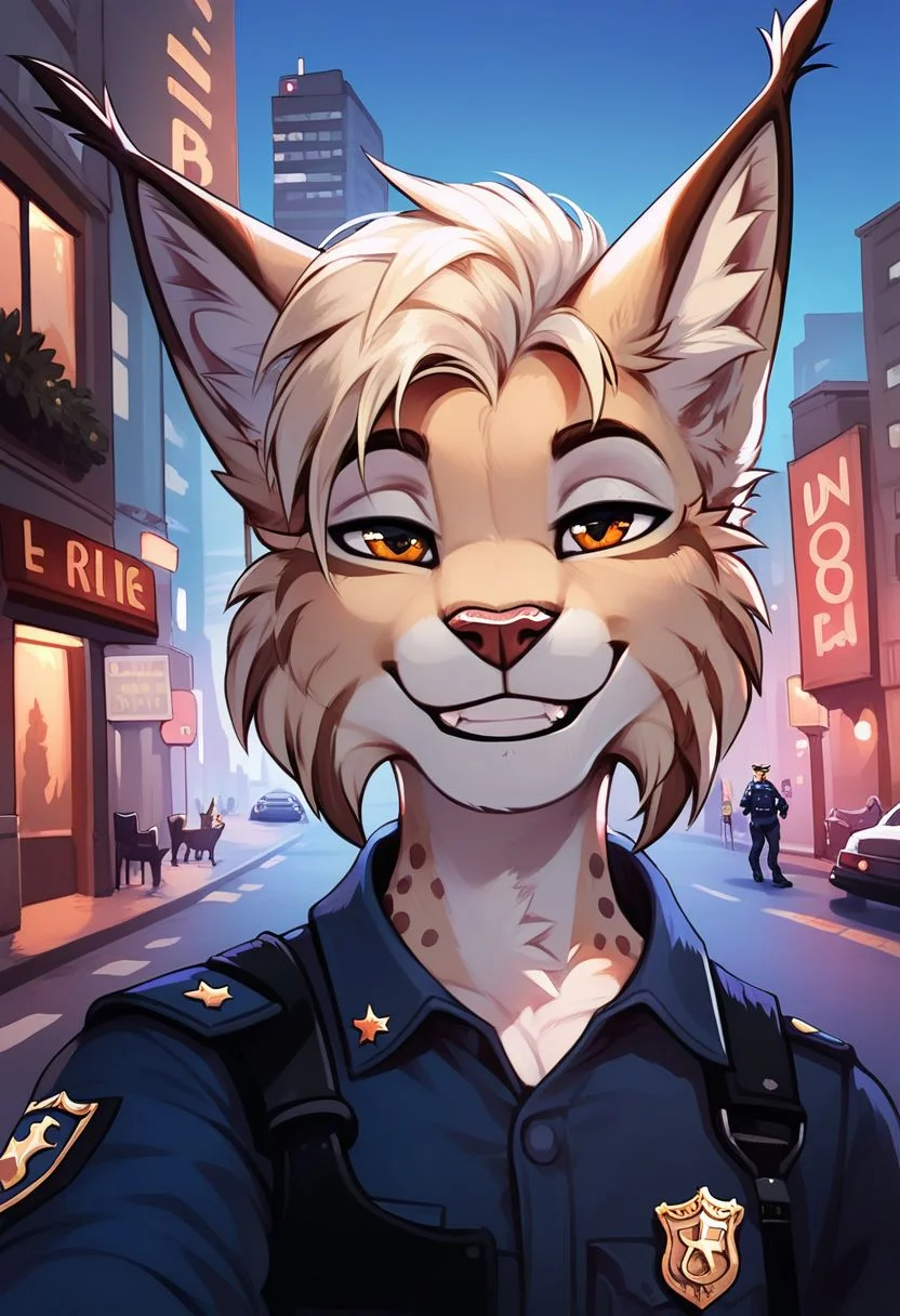 score_9, score_8_up, score_8, 1boy, anthro lynx, blonde hair, brown eyes, smooth, police uniform, smug, smiling, outside, City, detailed background, pov, highly detailed, perfect, high quality, posing