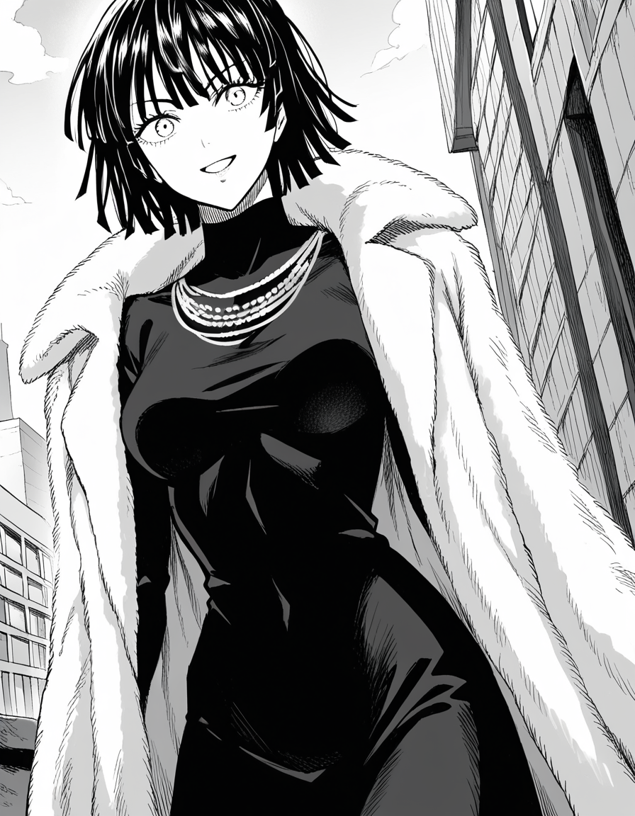 score_9, score_8_up, score_7_up, source_anime,
fubuki, <lora:opm-fubuki-manga-ponyxl-lora-nochekaiser:1>,
fubuki, fubuki \(one-punch man\), black hair, medium hair, monochrome, greyscale,
black dress, dress, fur coat, high collar, jewelry, necklace, off shoulder, taut clothes, taut dress,
outdoors, cityscape, smile,
looking at viewer, cowboy shot, solo, dutch angle,