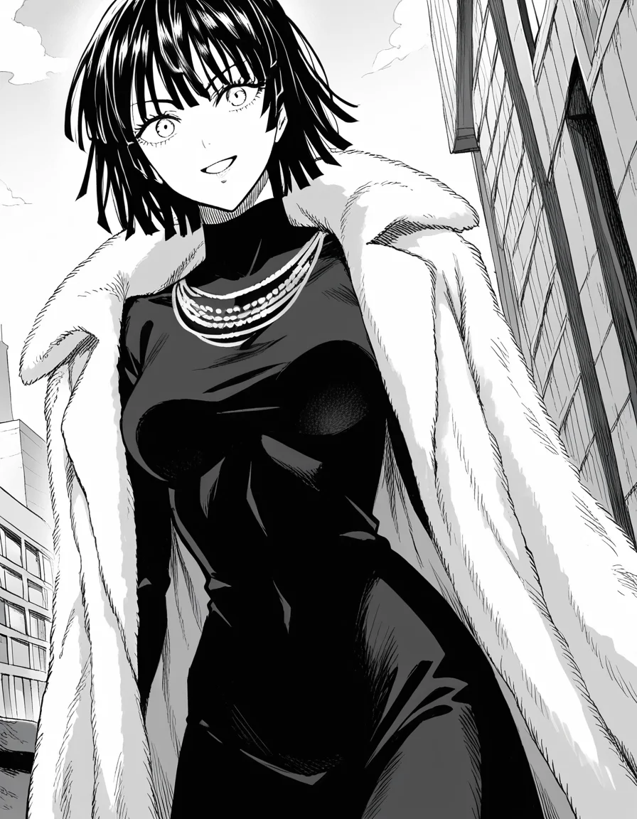 score_9, score_8_up, score_7_up, source_anime,
fubuki, <lora:opm-fubuki-manga-ponyxl-lora-nochekaiser:1>,
fubuki, fubuki \(one-punch man\), black hair, medium hair, monochrome, greyscale,
black dress, dress, fur coat, high collar, jewelry, necklace, off shoulder, taut clothes, taut dress,
outdoors, cityscape, smile,
looking at viewer, cowboy shot, solo, dutch angle,