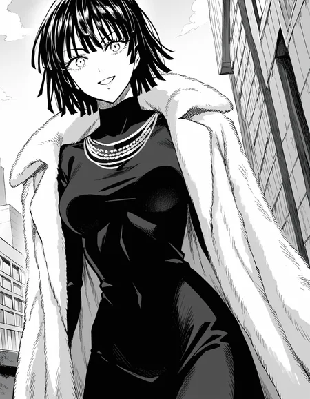 score_9, score_8_up, score_7_up, source_anime,
fubuki, <lora:opm-fubuki-manga-ponyxl-lora-nochekaiser:1>,
fubuki, fubuki \(one-punch man\), black hair, medium hair, monochrome, greyscale,
black dress, dress, fur coat, high collar, jewelry, necklace, off shoulder, taut clothes, taut dress,
outdoors, cityscape, smile,
looking at viewer, cowboy shot, solo, dutch angle,