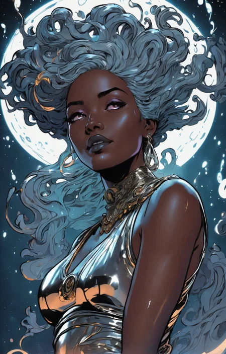 dgst artstyle, graphic illustration, comic art, graphic novel art, vibrant, dark and moody from the side of a stunning Djiboutian woman with a shy smile, looking at viewer, ((space_style:0.6), cosmic outer space theme:1.1), mercury-sorcerer, focused, surrounded by tendrils of swirling quicksilver, alchemical symbolism, heavy metallic liquid, slippery, dynamic pose, fluid movement, floating particles, drops of mercury, flowing metal, silver colour scheme, radiance of mercury underground dungeon in background, flowing mercury formations, volumetric lighting, cinematic atmosphere, <lora:SDXL1.0_Essenz-series-by-AI_Characters_Style_DarkestDungeon-v1.0:0.7>, high quality, 4k, highly detailed
