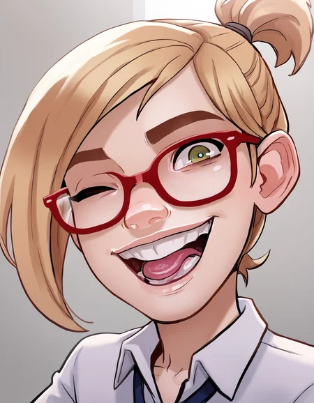 <lora:Darcy2.0Pony:0.6> darcy,, 1girl, short hair,teeth,  blonde hair,looking at viewer,ponytail,red-framed eyewear,brown eyes,  solo, smile, score_9, score_8_up, score_7_up, score_6_up, score_5_up, score_4_up,green eyes,school uniform,school   <lora:Jabstyle_AMXLV1:1> jabstyle, open mouth, tongue out, one eye closed,