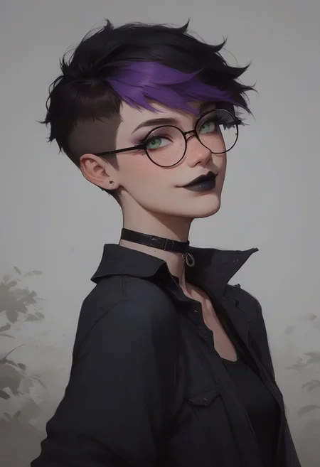 (Realistic Lighting:1.0), score_9, score_8_up, score_7_up, score_6_up, score_5_up, score_4_up score_9,score_8_up,
masterpiece, 1girl, sexy 18 year old tomboy, perfect body, fair skin, green eyes, cute face, freckles, small breasts, long legs, full body shot, in park,
choker, black lipstick, purple eyeshadow, eyeliner, mascara, firm butt, round ass, smile, black hair, glasses
two-tone hair, purple IncursioDipDyedHair, pixie cut purple hair
1girl, solo, looking at viewer, green eyes, closed mouth, lips, wind, portrait, nose, shirt pulled up over breasts, breasts exposed,