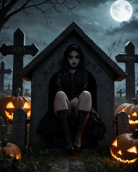 score_9, score_8_up, score_7_up,
cute pumpkin spider sitting on top of a tombstone in a dark gothic graveyard,