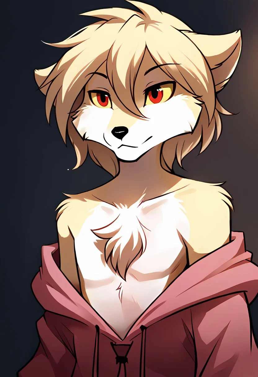 score_9, score_8_up, score_7_up,score_6_up,score_5_up, source_furry
BREAK
solo, furry male anthro, (((flat chest, chest focus, , close-up, from front, oversized hoodie, oversized clothing, off shoulder, pink hoodie,)))
BREAK
<lora:Clovis-Twokinds-SDXL-AnonTK-V2:0.85>, clovis-twokinds, keidran, mammal, fox tail, red eyes, yellow sclera, <lora:p:0.35>