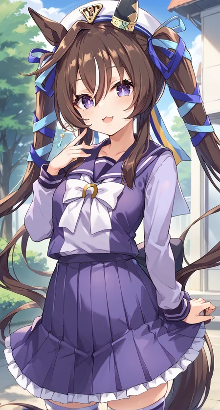 score_9,score_8_up,score_7_up,
official art,official style,game cg,megami magazine,
uncensored,
1girl,
vivlos (umamusume), viv school,
animal ears, hat, highres, horse ears, horse girl,
long hair, mole, mole under eye, ribbon,
school uniform, tracen school uniform,
twintails, violet eyes, brown hair, hair between eyes,
horse tail, multicolored hair,
pleated skirt,
long sleeves,
white bow, purple shirt, purple skirt,
purple sailor collar, shirt,
single ear cover, skirt, streaked hair, tail, purple serafuku, serafuku,
purple thighhighs, blue ribbon, hair ribbon, horseshoe ornament, sailor shirt,
standing,
<lora:umamusume_vivlos_pony_v1:1>,