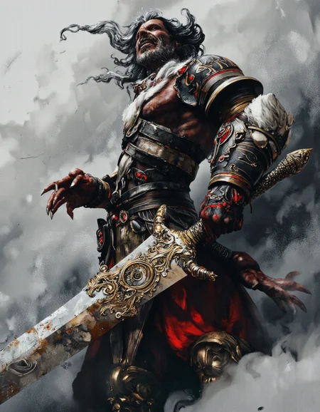 Art by Anato Finnstark. A dark fantasy digital illustration shoot from a frontal camera angle about a menacing, dark-skinned, humanoid creature wielding a large, ornate sword and shield, set against a stormy, smoky background. the image also shows intricate, detailed armor with red and black accents, and a menacing expression. on the middle of the image, a muscular, menacing creature appears to be standing, holding a sword in its right hand, facing the viewer, with its mouth open, revealing sharp teeth and a long beard. the creature is wearing ornate, dark armor with intricate designs and patterns, and its hair is styled in a long, flowing manner, with a mix of grey and black hair and white fur. the armor is detailed with a dark, gothic style, and has a fierce, menacing look. the background is a textured, abstract mix of white and gray, with swirling, dark clouds in the distance, adding to the ominous atmosphere.