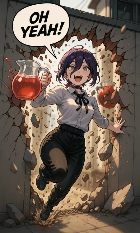 embedding:IllusP0s, OH YEAH!, breaking through wall, holding pitcher, speech bubble, debris, reze_\(chainsaw_man\), purple hair, green eyes, open mouth, happy, midair, motion blur, blurry background<lora:OH YEAH_Illustrious.safetensors:1.0:1.0>