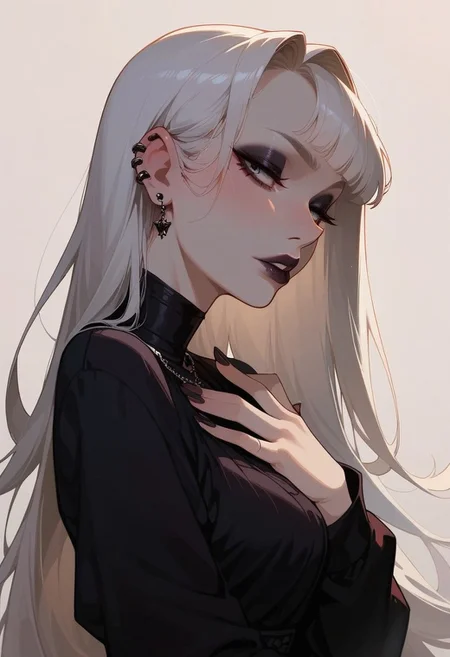 score_9, score_8_up, score_7_up, score_6_up, pretty woman, 21 year old, 1girl, very pale skin, white skin, goth girl, emo, eyeliner, eyeshadow, white hair, long hair, straight hair, black eyes, pretty face, long hair, pretty eyes, long sleeves, shirt, skirt, sexy pose
