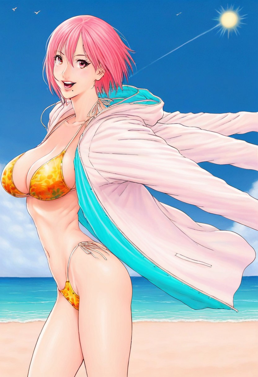 score_9, score_8_up, score_7_up, BREAK,
1girl, papiko, source_anime, 1girl, swimsuit, bikini, solo, breasts, large breasts, mole, side-tie bikini bottom, hood, open mouth, smile, outstretched arms, jacket, open clothes, navel
sea in background, sand, sun, light