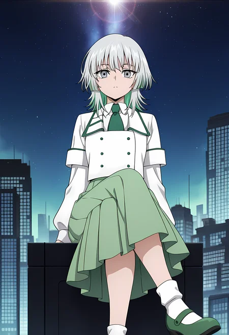 masterpiece,best quality,amazing quality,
1girl, solo,
Suzune Rokuoin (Cardfight Vanguard), green hair, grey hair, multicolored hair, medium hair, grey eyes,
white jacket, white shirt, collared shirt, buttons, green necktie, green skirt, short over long sleeves, layered sleeves, pleated skirt, long skirt, white socks, green footwear, shoes, mary janes,
looking at viewer,
cinematic, cross legs, crossing legs,
Outdoors, On top skyscraper, sci-fi city, star (sky),
Lens flare, bloom,
Official style, anime screencap, anime coloring,