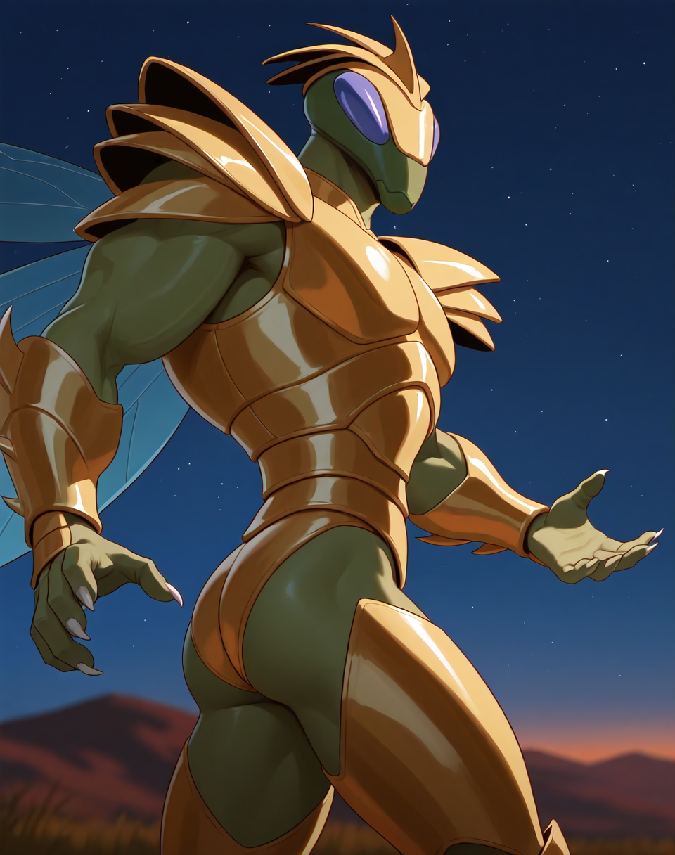 <lora:Hyper_Katris_(Shinzo)_(Illustrious)_(AD):1.15> Hyper Katris, mantis, Shinzo, 
((
exterior, anime night sky, anime mountains, bent leg, cowboy shot, 
dynamic action, insect anthro, male focus, strong warrior, manly, bounty hunter villain, gold armor, manly, masculine, side view, butt, 
)),
BREAK: very awe, aesthetically pleasing, masterpiece, best quality, amazing quality, very aesthetic, perfect depth of field shot, gradient coloring, subsurface reflections, source_furry, furry_art, 
masterpiece, best quality, amazing quality, very aesthetic, high resolution, ultra-detailed, absurdres, newest, scenery, {Prompt}, BREAK, detailed background, volumetric lighting,
BREAK: lazympos, lazypos (3),