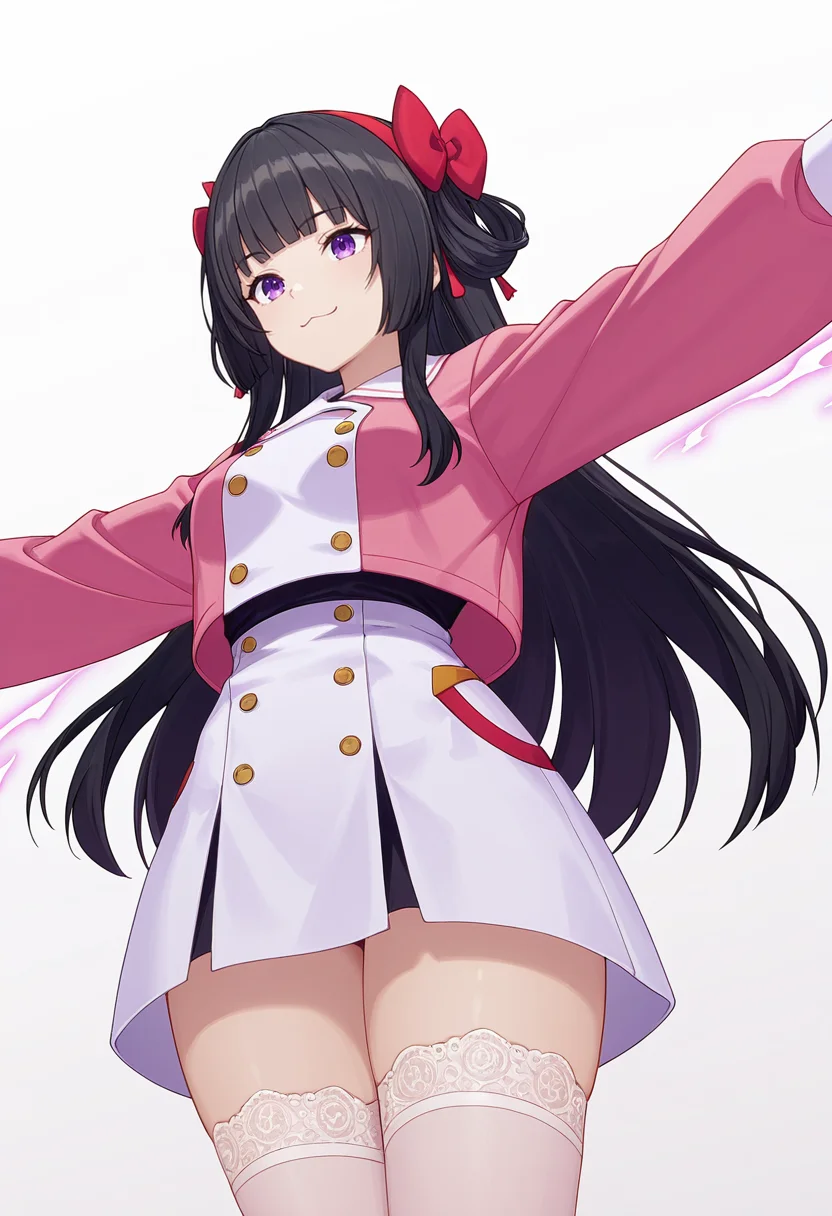 Smooth Quality,masterpiece,very intricate, high quality details, ultra realistic, high detailed skin,detailed enviorement,absurdres,
<lora:Amatsu_Karla_CNR:0.8> amatsu_cnr, 1girl,black hair, long hair, purple eyes, blunt bangs, sidelocks,hair bow, hairband,, simple background, white background, from below,
jumping pose, arms spread wide, legs bent mid-air, joyful expression, dynamic energy, ,, double-breasted jacket, ,bolero jacket, ,lace thighhighs, ,, :3,