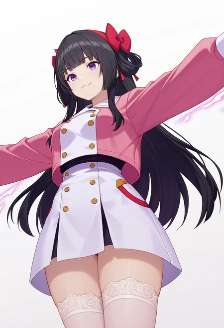 Smooth Quality,masterpiece,very intricate, high quality details, ultra realistic, high detailed skin,detailed enviorement,absurdres,
<lora:Amatsu_Karla_CNR:0.8> amatsu_cnr, 1girl,black hair, long hair, purple eyes, blunt bangs, sidelocks,hair bow, hairband,, simple background, white background, from below,
jumping pose, arms spread wide, legs bent mid-air, joyful expression, dynamic energy, ,, double-breasted jacket, ,bolero jacket, ,lace thighhighs, ,, :3,