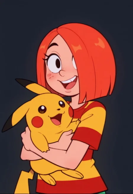 score_9, score_8, score_7_up, source_cartoon, orginal source, parody highres, absurdres, masterpiece, highly detailed, rating_safe, solo, BREAK,
WACGRANDD, 1girl, red hair, hair over one eye, orange hair, shirt, red shirt, yellow shirt, striped shirt, striped,
1girl, stuffed toy, stuffed animal, solo, smile, blush, open mouth, object hug, black background, upper body, looking at viewer, :d doll hug, holding stuffed toy, pikachu, teeth