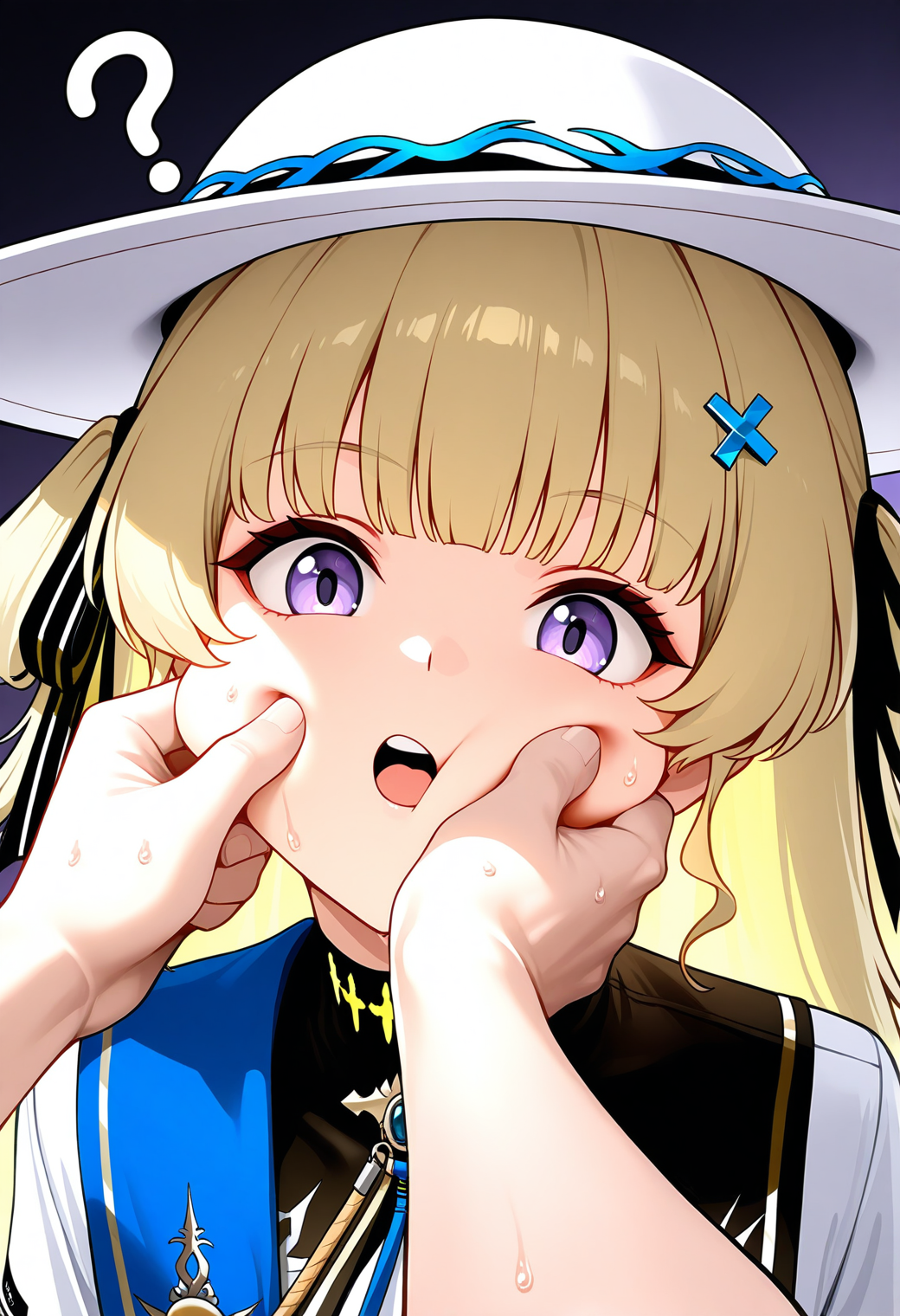 1boy, 1girl, phoebe \(wuthering waves\), black ribbon, blonde hair, cheek pinching, cross hair ornament, hair ornament, hair ribbon, hat, long hair, looking at viewer, open mouth, pinching, ribbon, shirt, solo focus, sweat, teeth, upper body, upper teeth only, white hat, white shirt, purple eyes, ?, hat