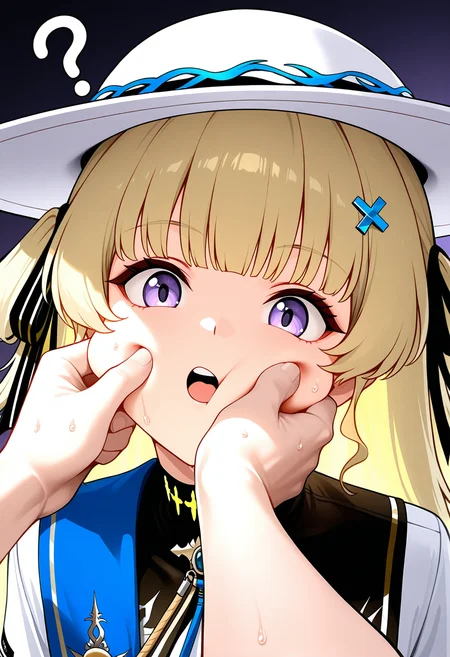 1boy, 1girl, phoebe \(wuthering waves\), black ribbon, blonde hair, cheek pinching, cross hair ornament, hair ornament, hair ribbon, hat, long hair, looking at viewer, open mouth, pinching, ribbon, shirt, solo focus, sweat, teeth, upper body, upper teeth only, white hat, white shirt, purple eyes, ?, hat
