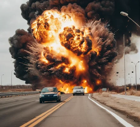Cars driving on the highway. Photography. <lora:Explosion Artstyle - Trigger is Explosion Artstyle:1> explosion artstyle