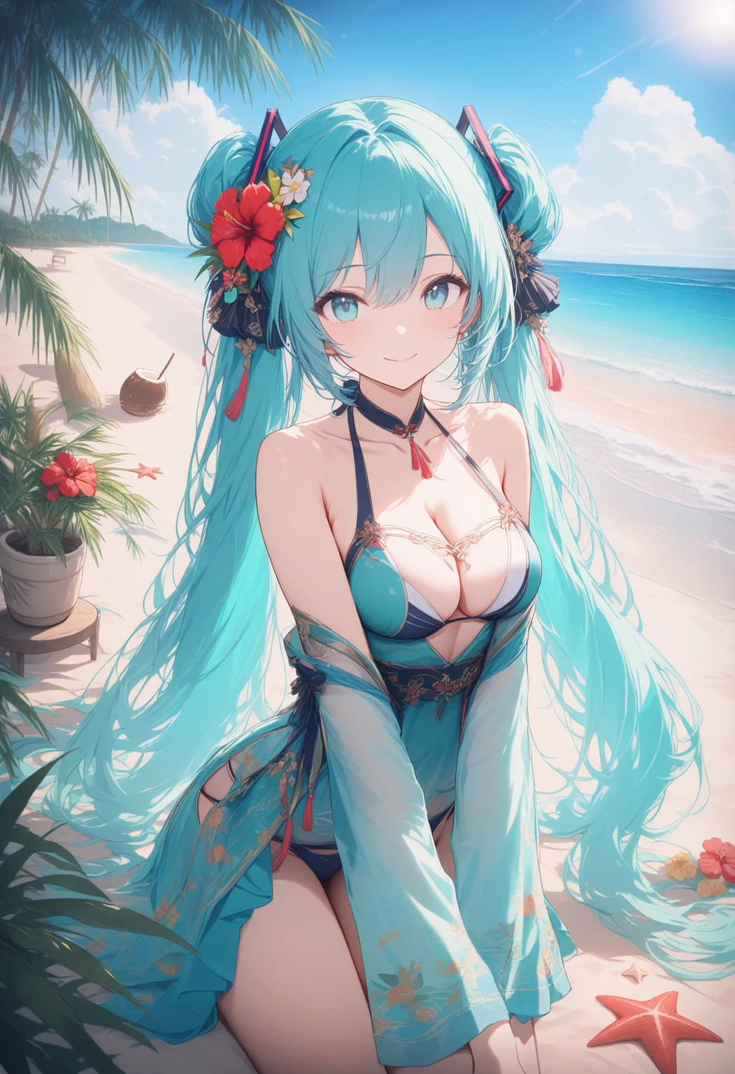 1girl,  1girl,aqua hair,bamboo,bare shoulders,beach,bikini,blue sky,branch,breasts,cleavage,cloud,cloudy sky,coconut,collarbone,day,flower,hair flower,hair ornament,halterneck,hatsune miku,hibiscus,horizon,leaf,lens flare,long hair,looking at viewer,medium breasts,ocean,outdoors,palm leaf,palm tree,plant,potted plant,sand,shore,sky,smile,solo,starfish,swimsuit,tree,twintails,very long hair,water,ocean,a detailed painting,sots art,. ,masterpiece,high score,great score,absurdres,, <lora:Waifu Style-Du Qiong:0.25>,Du Qiong,, <lora:Dark Concept Art-000005:0.0>,dark aura,dark,