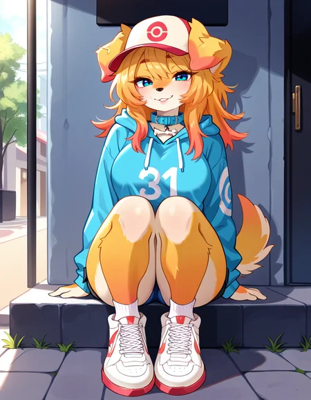 masterpiece, best quality, very aesthetic, absurdres,
outdoors,
full body, seductive smile, parted lips, long eyelashes,
 <lora:Blue_v01_NAIXL:1>
81u3,1girl,solo,furry,furry female,dog girl,dog ears,long hair,blonde hair,multicolored hair,orange hair,baseball cap,blue eyes,
snout,animal nose,collar,body fur,two-tone fur,dog tail,