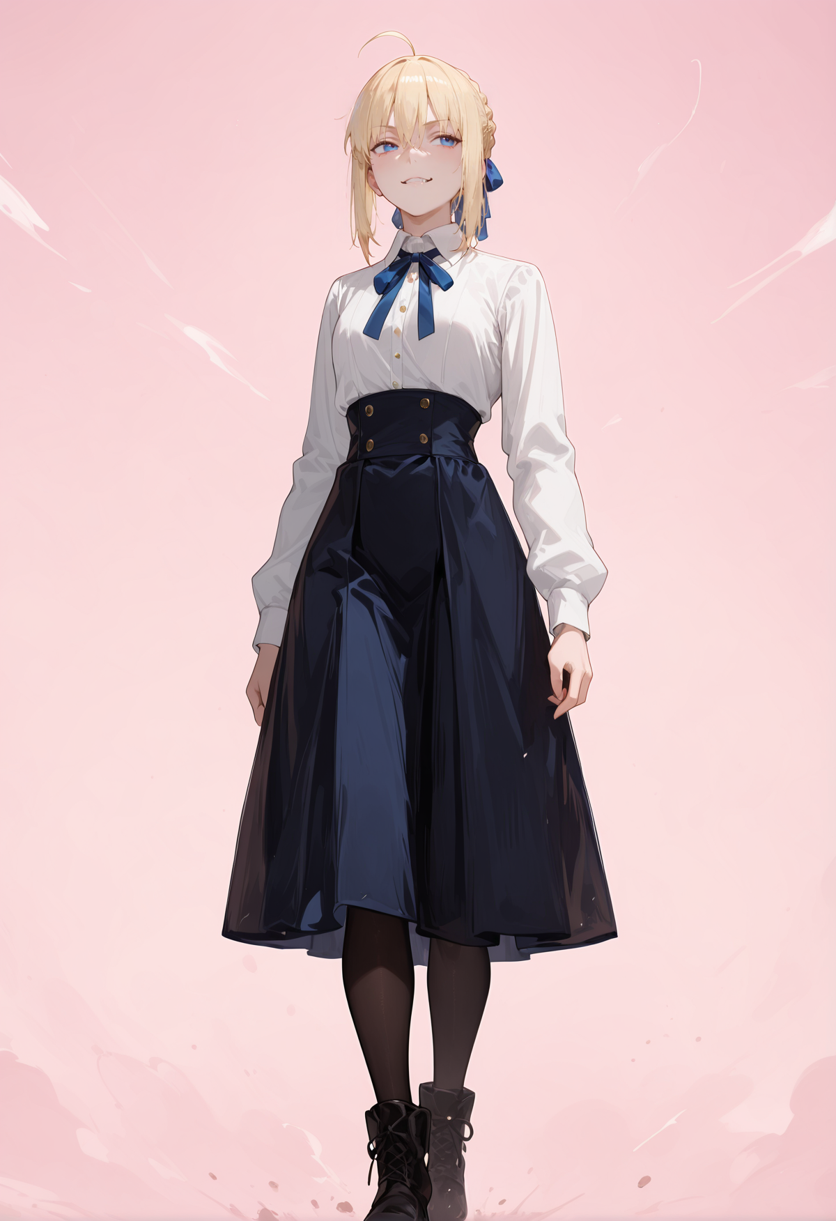 perfect quality,high quality,masterpiece,best quality,amazing quality,very aesthetic,absurdres,Cinematic Lighting,newest,
front view,full_shot,Raised one-sided smirk,
saberCYQL,solo,1girl,blonde hair,hair bun,ahoge,bangs,hair between eyes,french braid,single hair bun,hair ribbon,blue eyes,shirt,white shirt,ribbon,blue ribbon,neck ribbon,collared shirt,long sleeves,skirt,blue skirt,high-waist skirt,pantyhose,black pantyhose,boots,
full body,standing,grimace,,
pink background,simple background,
<lora:spo_sdxl_10ep_4k-data_lora_webui:0.5>,<lora:illustrious_all_rated_v1:0.6>,<lora:748cmSDXL:0.8>,748cmstyle,<lora:DarkerThanBlackIllustrious:0.5>,<lora:EtherSDXL:0.5>,EtherStyle,,<lora:Saber_Illustrious by Cyql:1>,
