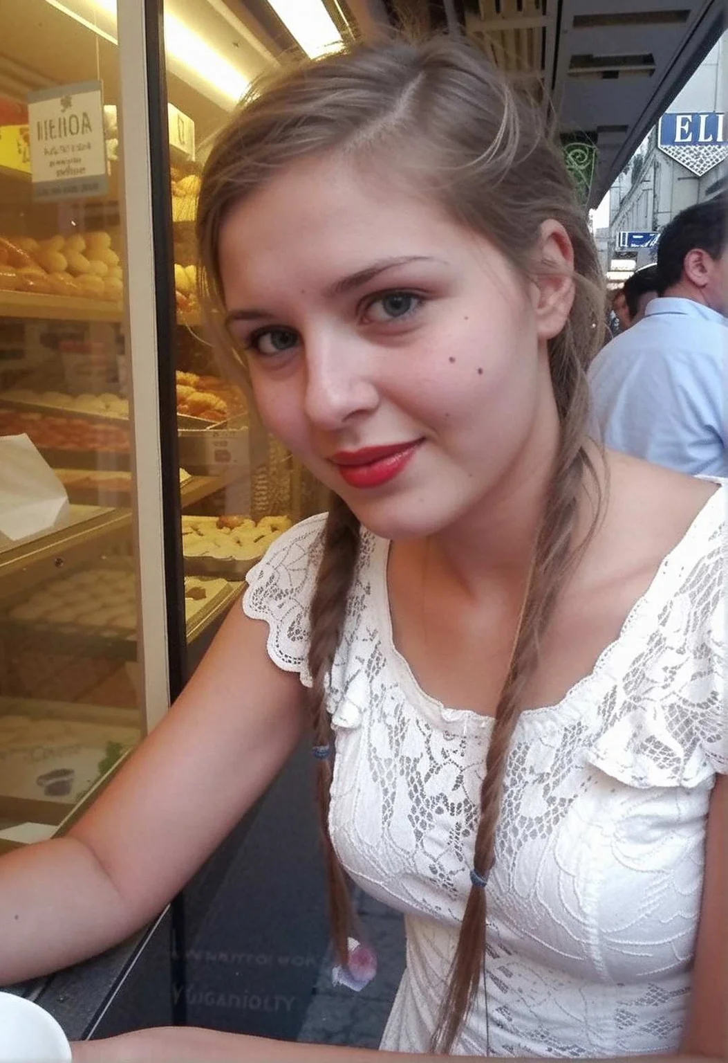 (pretty face:1.3), petite 19yo half Swedish/Italian woman, shot on Leica M3, slim sexy figure, thicc, large perky breasts, sexy hips, (pretty 18-year-old woman:1.3), jawline, very long copper single braid hair, natural lighting, haze, Rome gelateria; Summer evening, condifent care free attitude, candid photo, Magnetic allure, exuding confidence and allure, with a playful wink and a teasing tone., wearing an White lace dress, espadrilles, red lipstick, (authetic share photo candid photo, shy, slightly out of focus:1.2), Unsplash contest winner, detail, dim, low key, vignette, jpeg artifacts, low res, low quality, pov, cute face, (sleepy, eyes half closed, seductive:1.0), lips parted, pale, <lora:Puffy Nipples XL.safetensors:0.2> <lora:Motion_blur.safetensors:0.1> <lora:Old_Digital_Camera.safetensors:0.3> <lora:subtle-realness-xl1.safetensors:0.4> <lora:dmd2_sdxl_4step_lora_fp16.safetensors:1.0>