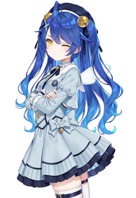 masterpiece, best quality, amazing quality, simple background, white background, from side, dutch angle,1girl, solo, nijikokoro,small breasts,yellow eye,blue hair,long hair,ahoge,two side up,hair bell,x hair ornament, nijikokorocos,white shirt,neck ribbon,neck bell,cropped jacket,blue jacket,long sleeves,blue corset,blue skirt,frills,thigh band,thighhigh under band,white thighhighs,black beret,white wings,mini wings, standing, arms crossed, pout, wink, facing away, side glance, 
