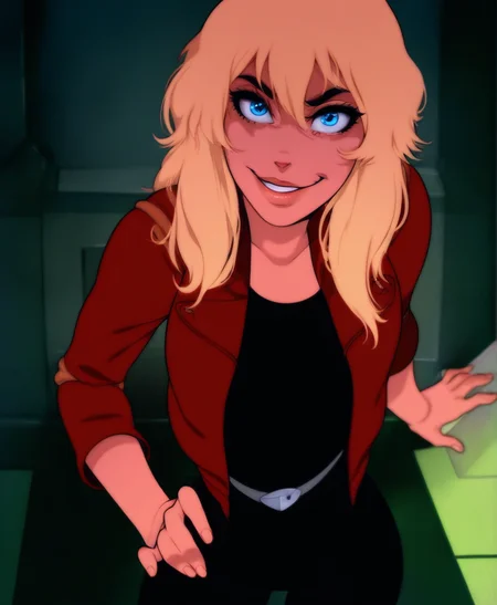 masterpiece, best quality, cinematic lighting, solo, ang3l, female, blonde hair, blue eyes, lips, red jacket, smirk, looking at viewer, green room, by grapeyguts, <lora:AngelRRXL_03-Noob-nd32-na32-lr2-ep17:1>