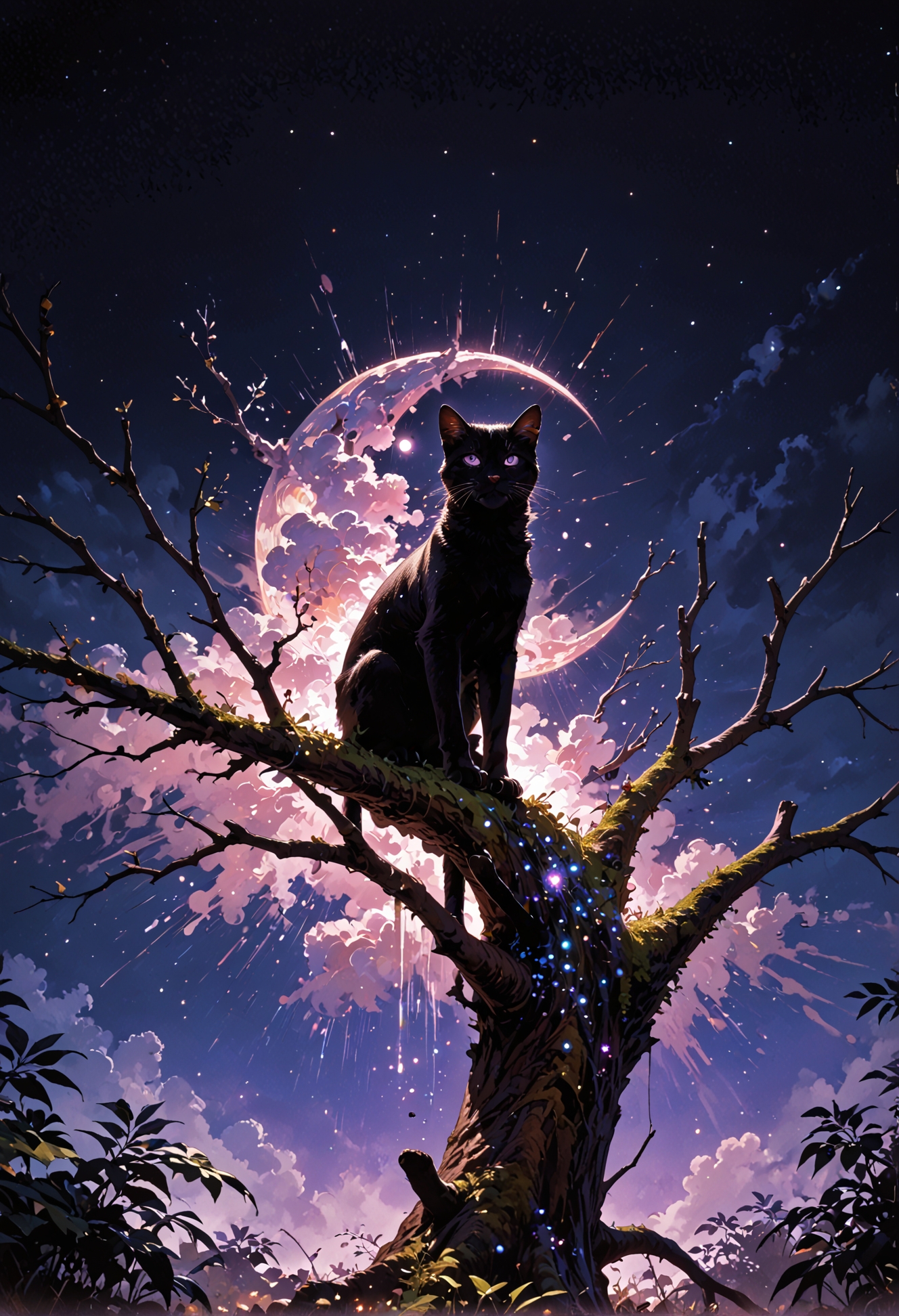 score_9,score_8_up,score_7_up,embedding:zPDXL2, masterpiece,best quality,highly detailed,detailed background, film grain,colorful,Expressiveh,Cinematic Lighting, Surreal night scene,silhouette of a cat sitting on a tree branch,crescent moon in the sky,purple hues,starry night,dreamlike atmosphere,glowing edges,mystical,high contrast,ethereal light,detailed textures,whimsical,<lora:增强\(收藏)\sdxl_lightning_8step_lora.safetensors:1.0:1.0> <lora:增强\(收藏)\Hands XL 4.safetensors:1.0:1.0> <lora:增强\(收藏)\Expressive_H-000001.safetensors:0.4:0.4> <lora:增强\(收藏)\glowneon_xl_v1.safetensors:0.3:0.3> <lora:增强\(收藏)\sinfully_stylish_PONY_0.2.safetensors:0.4:0.4> <lora:Vixon\(收藏)\Vixon's Pony Styles Thermal.safetensors:0.4:0.4>