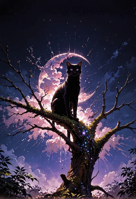 score_9,score_8_up,score_7_up,embedding:zPDXL2, masterpiece,best quality,highly detailed,detailed background, film grain,colorful,Expressiveh,Cinematic Lighting, Surreal night scene,silhouette of a cat sitting on a tree branch,crescent moon in the sky,purple hues,starry night,dreamlike atmosphere,glowing edges,mystical,high contrast,ethereal light,detailed textures,whimsical,<lora:增强\(收藏)\sdxl_lightning_8step_lora.safetensors:1.0:1.0> <lora:增强\(收藏)\Hands XL 4.safetensors:1.0:1.0> <lora:增强\(收藏)\Expressive_H-000001.safetensors:0.4:0.4> <lora:增强\(收藏)\glowneon_xl_v1.safetensors:0.3:0.3> <lora:增强\(收藏)\sinfully_stylish_PONY_0.2.safetensors:0.4:0.4> <lora:Vixon\(收藏)\Vixon's Pony Styles Thermal.safetensors:0.4:0.4>