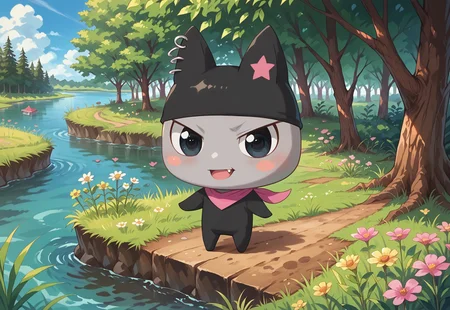 safe_pos, score_9_up, score_8_up, score_7_up, score_6_up, (detailed art style, shiny skin, detailed eyes) (chibi) 1boy, Kuromametchi, grey skin, black cat ears, pink star ear marking, big eyes, black eyes, blush, blush stickers, cute little fang, ear piercings, black bodysuit, pink bandana, (detailed scenery, detailed background : 1.1), outside, afternoon, verdant park, marsh, (verdant greenery, trees, lush bushes, grass, grassy lawn, wildflowers, water, lake)
