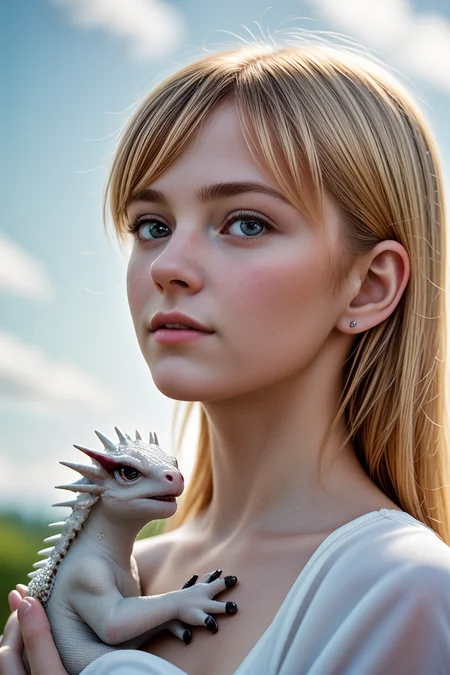 (symmetric), (exceptional, best aesthetic, new, newest, best quality, masterpiece, extremely detailed:1.2)1girl, half body, closeup portrait of a beautiful 21yo woman with (a little white dragon in her arms), surrounded by white clouds, looking away, piercing eyes, fairyland at background, detailed face, detailed skin, hd, dream, ultra wide angle, hyperrealism, hyper detailed, centered <lora:LCM_LoRA_Weights_SD15:1>