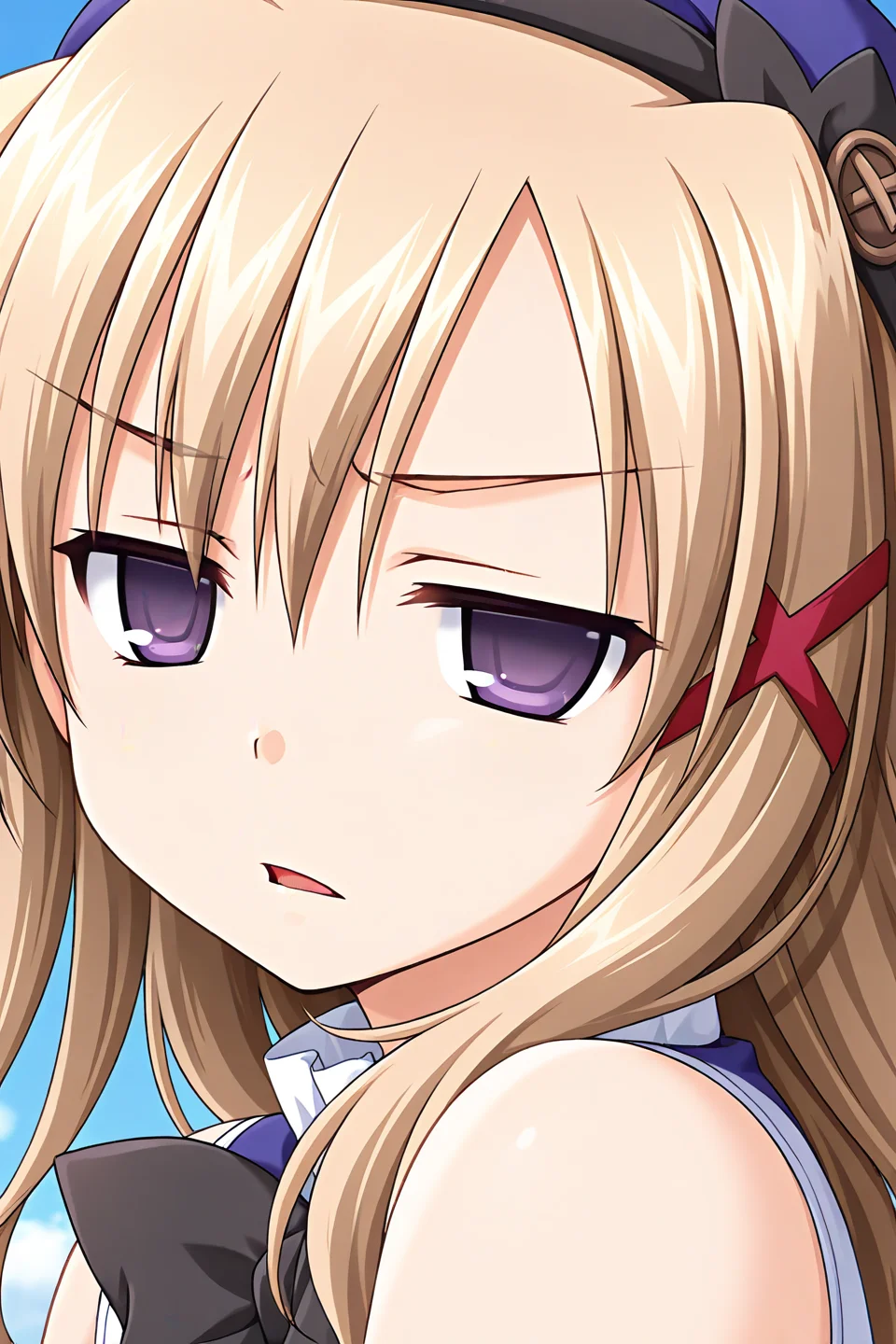 masterpiece, best quality, absurdres, official art, official style, general BREAK <lora:komatsuasuka_IL_v1-2:0.7>, komatsu asuka, 1girl, solo, purple eyes, light brown hair, long hair, hair between eyes, messy hair, x hair ornament, school uniform, beret, blue headwear, hat ribbon, black ribbon, sleeveless shirt, frilled shirt collar, bare arms, black bowtie, white sleeveless, upper body, close-up, portrait, outdoors, day,
blush, :o, annoyed, disgust, half-closed eyes, jitome, looking at viewer, open mouth, parted lips