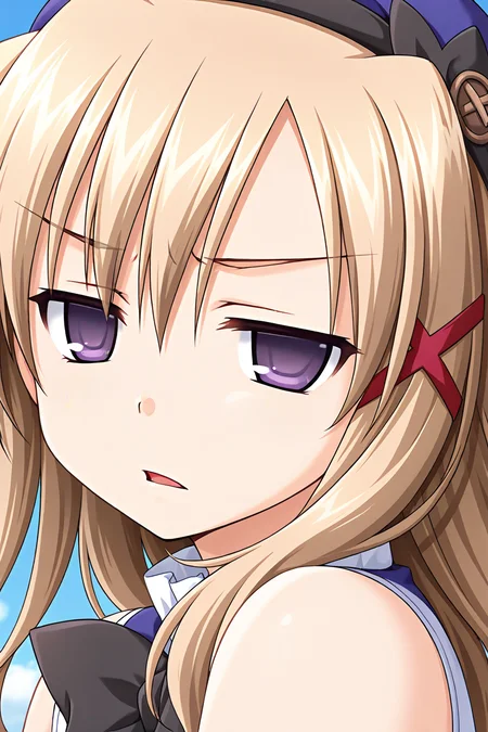 masterpiece, best quality, absurdres, official art, official style, general BREAK <lora:komatsuasuka_IL_v1-2:0.7>, komatsu asuka, 1girl, solo, purple eyes, light brown hair, long hair, hair between eyes, messy hair, x hair ornament, school uniform, beret, blue headwear, hat ribbon, black ribbon, sleeveless shirt, frilled shirt collar, bare arms, black bowtie, white sleeveless, upper body, close-up, portrait, outdoors, day,
blush, :o, annoyed, disgust, half-closed eyes, jitome, looking at viewer, open mouth, parted lips