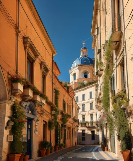 Style-Italy Style-Renaissance a street light in front of a city with a mountain in the background and a sign that says la candela